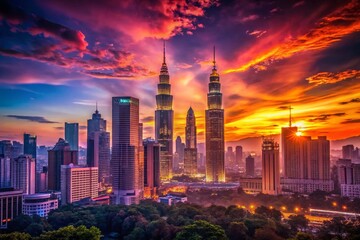 Stunning Silhouette Photography of Kuala Lumpur&rsquo;s Iconic Skyline at Dusk, Capturing the Majestic Petronas Towers Against a Colorful Sunset Background
