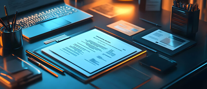 A sleek office desk setup featuring a resume, stationery, and modern technology for a productive workspace.