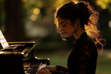 Musician playing a grand piano in a park at sunset, creating a peaceful and romantic atmosphere