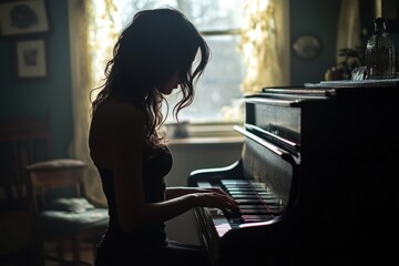 Female musician playing a grand piano in a softly lit room, creating a serene and artistic atmosphere