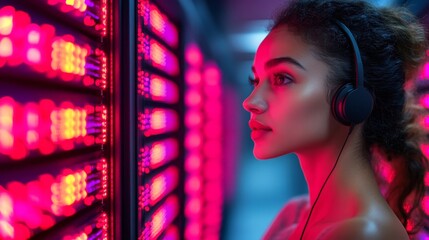 A woman inspects LED indicators in a dimly lit server room during nighttime hours