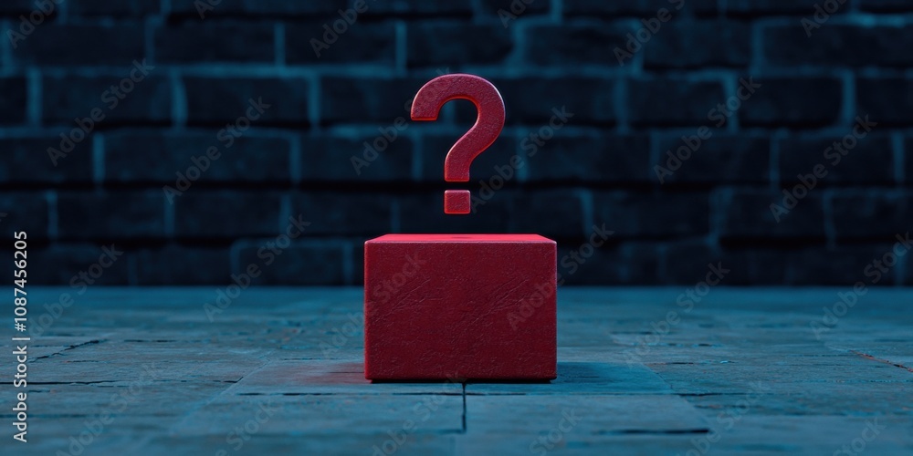 Poster a red block with a question mark floating above it, set against a dark, textured background, evokes 