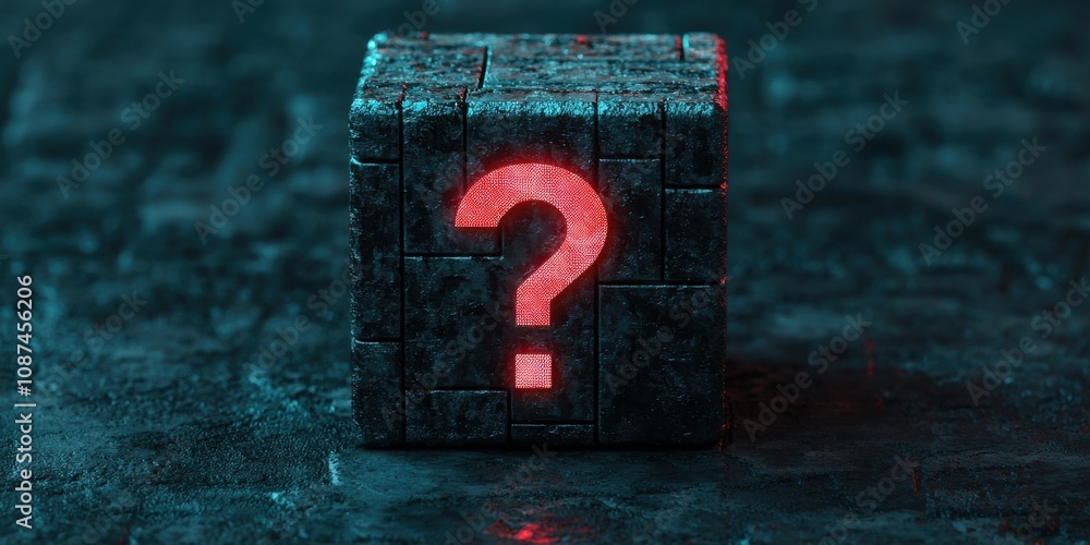 Poster a dark, mysterious cube with a glowing red question mark, symbolizing curiosity and the unknown.