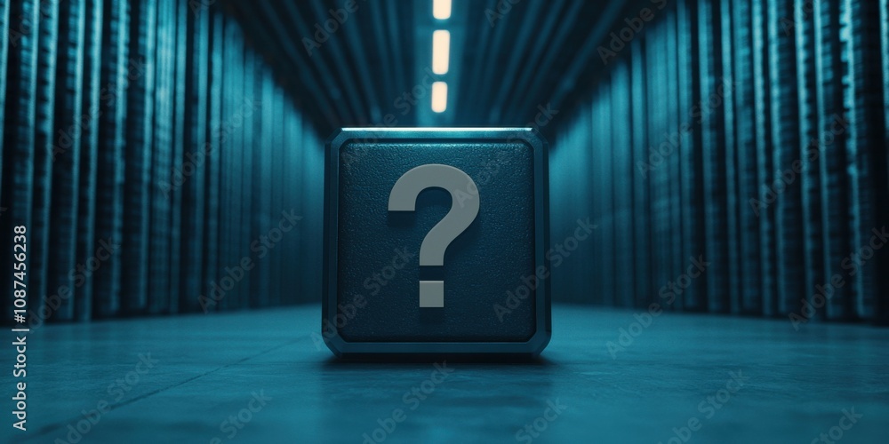 Poster a mysterious, illuminated box with a question mark, set in a dark, futuristic environment, conveying