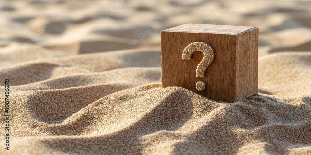 Poster a wooden block with a question mark sits on a sandy surface, creating a sense of curiosity and intri