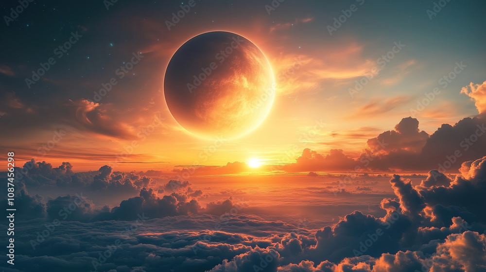 Poster stunning sunset view with a bright crescent moon and colorful clouds over a tranquil horizon at dusk