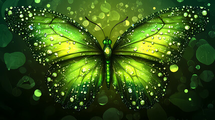 Green butterfly with water droplets on iridescent wings perched on lush green surface against dark background. Iridescent Butterfly Wings. Illustration