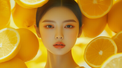 A beautiful asian model surrounded by vibrant yellow lemons. Her fresh and natural look exudes elegance and simplicity, capturing the bright and refreshing essence of summer.