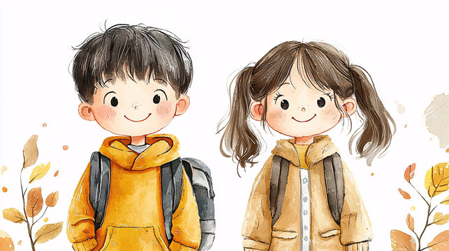 A kawaii-style illustration of two teenage friends, a boy and a girl, standing side by side with cheerful smiles. The white background and colorful details highlight their joyful expressions.