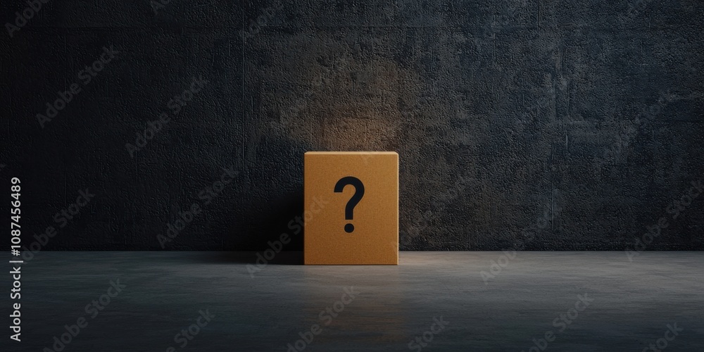 Poster a mysterious box with a question mark against a dark textured background, evoking curiosity and intr