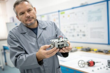 A technician examines a compact robotic device in a well-lit workshop. The room is filled with tools and diagrams, emphasizing the intricate work involved in technology development and robotics.