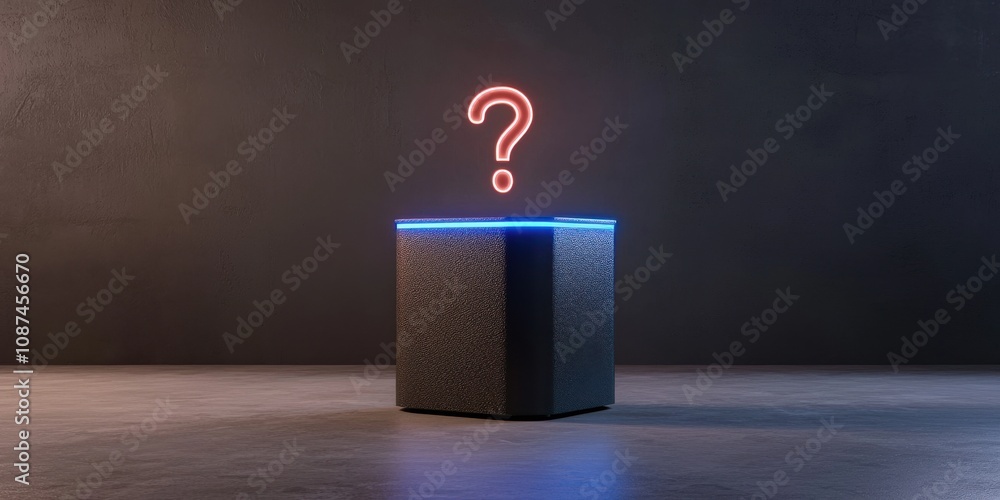 Poster a mysterious device illuminated with a glowing question mark, suggesting curiosity and technology.