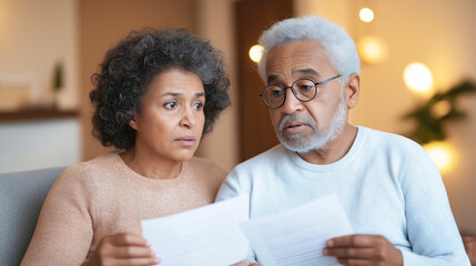 Retired couple feeling overwhelmed while reviewing bills and budget due to financial stress
