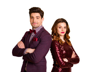 Portrait of his he her she nice attractive elegant charming smart serious content people standing back to back folded arms isolated over bright vivid shine yellow background