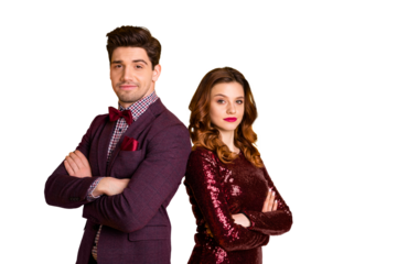 Portrait of his he her she nice attractive elegant charming smart serious content people standing back to back folded arms isolated over bright vivid shine yellow background