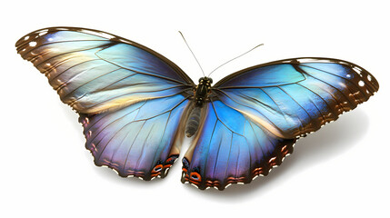 Obraz premium Blue morpho butterflies, flight and wings spread against a white background. png. Iridescent Butterfly Wings. Illustration