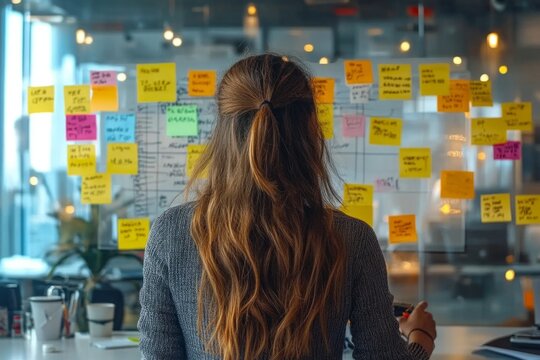 Businesswoman organizing work process using colorful sticky notes on glass wall in modern office