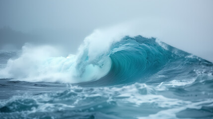 Majestic ocean wave crashing amidst misty blue seascape