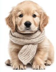 Obraz premium Christmas puppy knitted clothes A cute golden retriever puppy wearing a cozy knitted scarf, exuding warmth and charm.