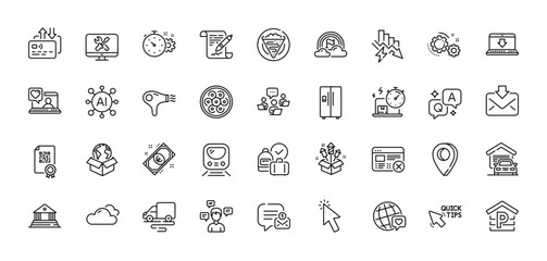 Reject web, Hair dryer and Fireworks rocket line icons pack. AI, Question and Answer, Map pin icons. Saving electricity, Delivery service, Parking web icon. Vector