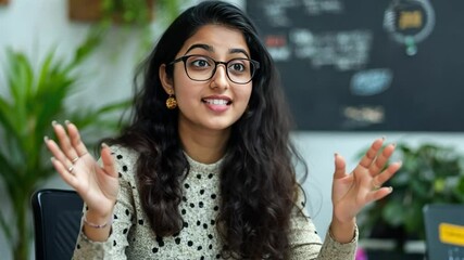 Confident and Enthusiastic Young Woman: A young woman with a bright smile and expressive hands, confidently engaging in conversation or presenting an idea.