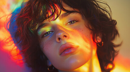 Colorful portrait of a proud gender-fluid teen with a vibrant background, celebrating LGBT pride and freedom of expression