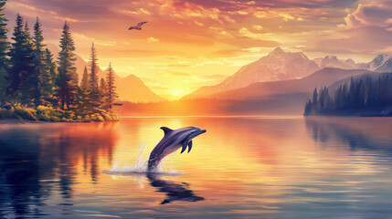 A beautiful scenary with a swimming dolphin in water.