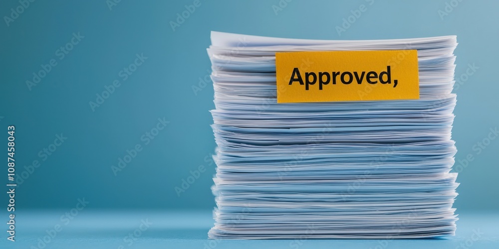 Poster a stack of documents with a bright yellow 
