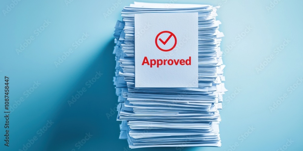 Poster a stack of papers with a prominent 