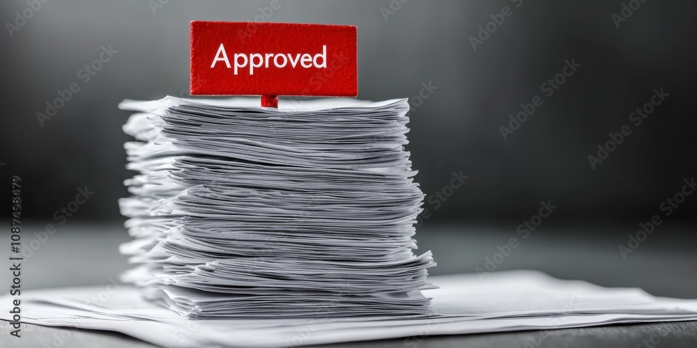Poster a stack of paperwork with a red 