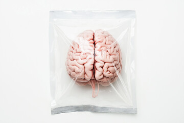 A brain is in a plastic bag. The brain is pink and white. The bag is clear