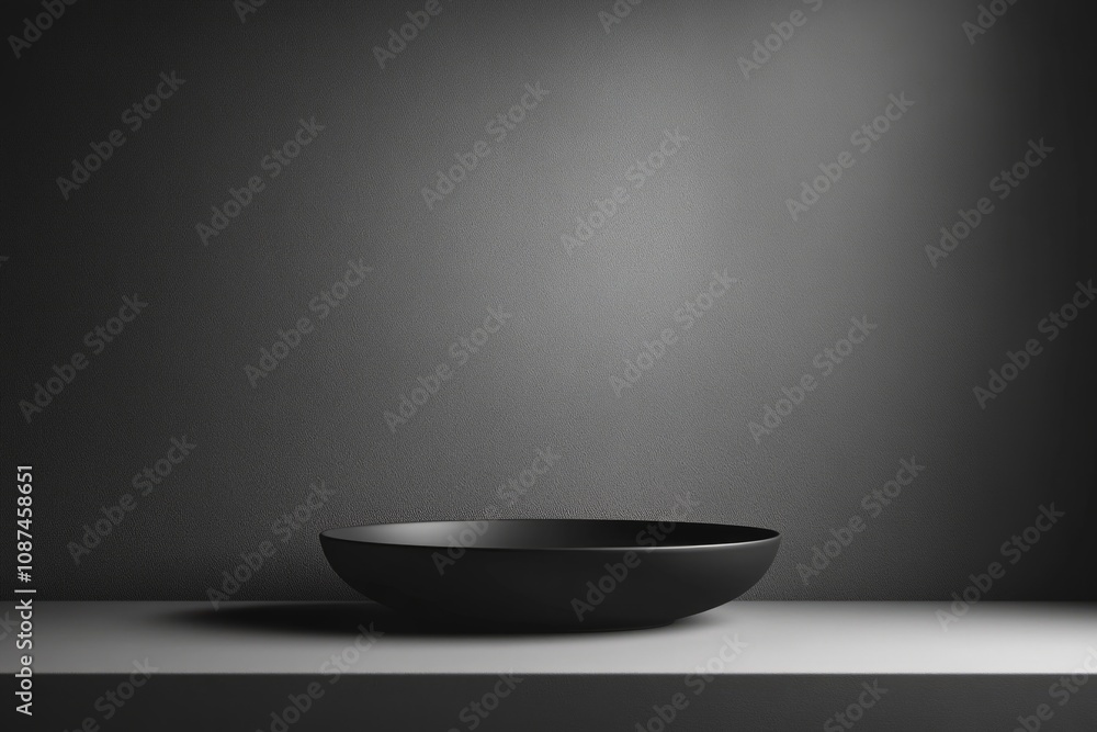 Poster Black bowl standing on a shelf with dark background, creating a minimalist and elegant composition. Copy space for text