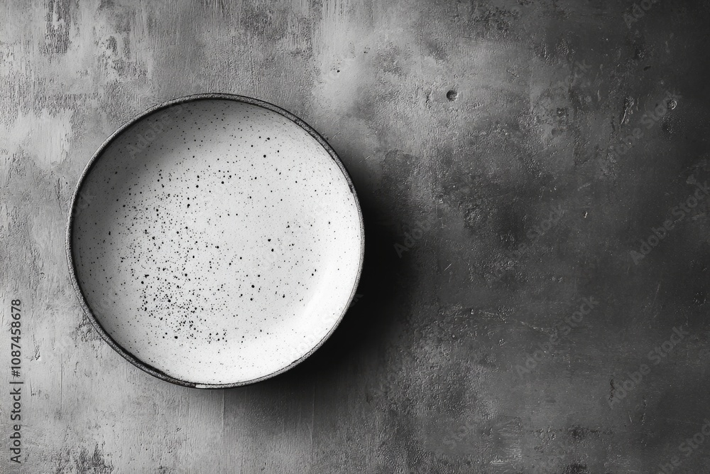 Poster minimalist composition with empty speckled ceramic bowl on textured dark background with copy space