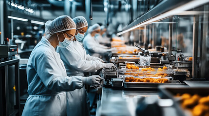 Workers in protective clothing and hairnets in a food processing facility operating machinery with trays of food, focusing on hygiene and quality control in a production line environment.