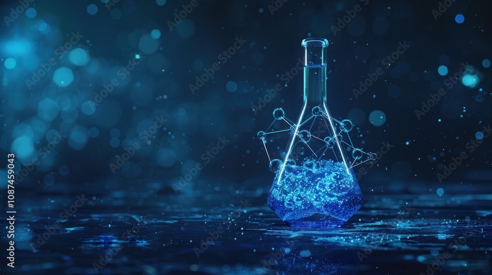 Poster a glass beaker filled with a blue liquid with a molecular structure floating above it on a dark blue