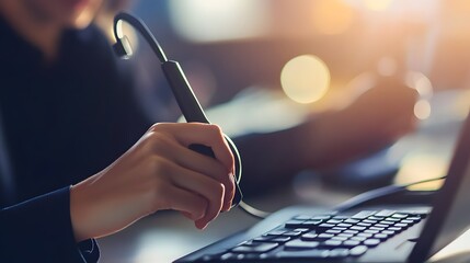 Professional Customer Support Representative Using Headset at Workstation, Engaged in Online Communication, Ideal for Business and Marketing Materials