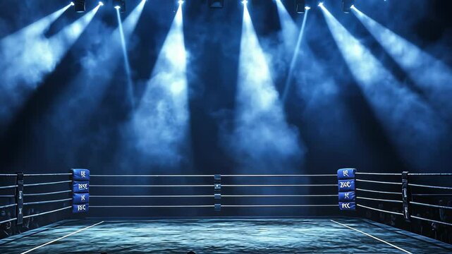 A grand view of an empty boxing ring under dramatic lighting, surrounded by a crowd of spectators, indicating anticipation, excitement 4K Video