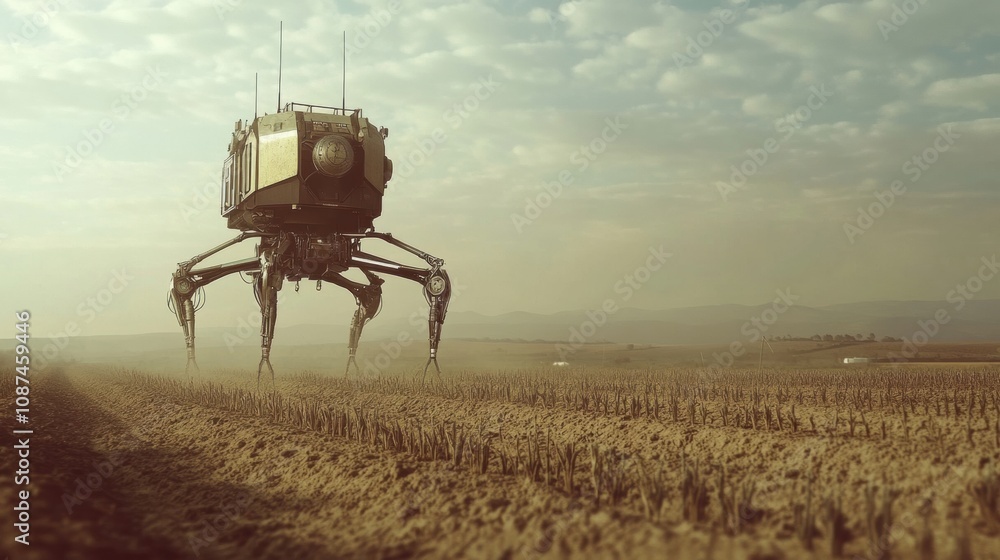 Poster robotic machines are actively engaged in cultivating and harvesting crops on a vast farm, highlighti