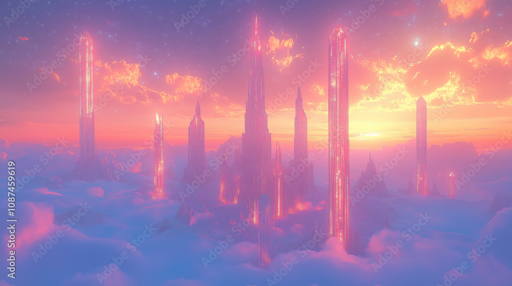 Poster majestic fantasy city with towering crystal structures glowing at sunset above a sea of clouds in a 