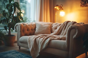 Fototapeta premium Comfortable beige sofa with blanket in cozy living room illuminated by warm lamp light, creating a relaxing and inviting atmosphere