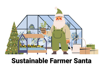 Santa Claus sustainable farming greenhouse plants Christmas tree gifts watering can festive theme