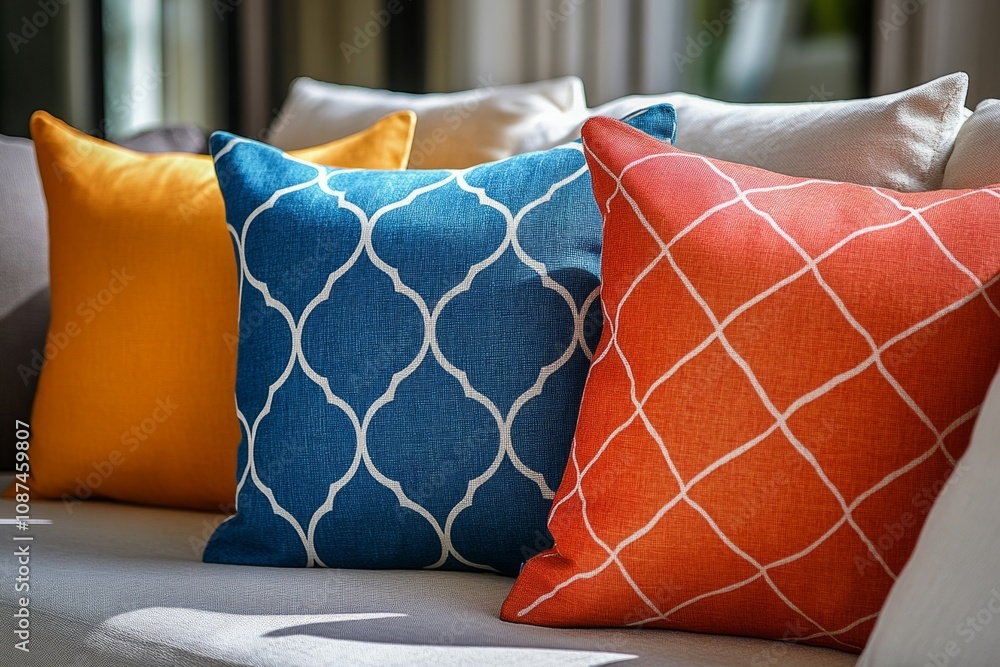 Aufkleber vibrant cushions add a pop of color to a comfortable sofa, creating a cozy and inviting atmosphere i
