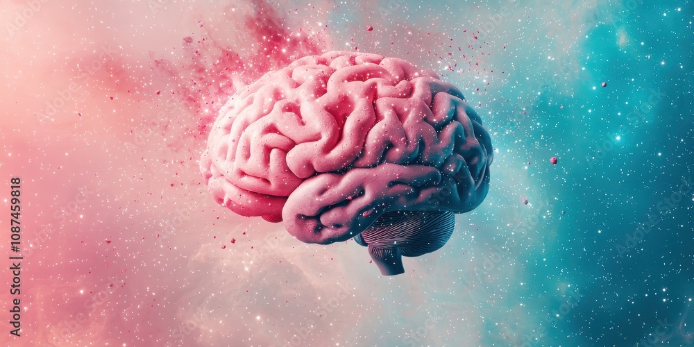 Poster a vibrant, surreal depiction of a brain floating in a cosmic backdrop, blending elements of creativi