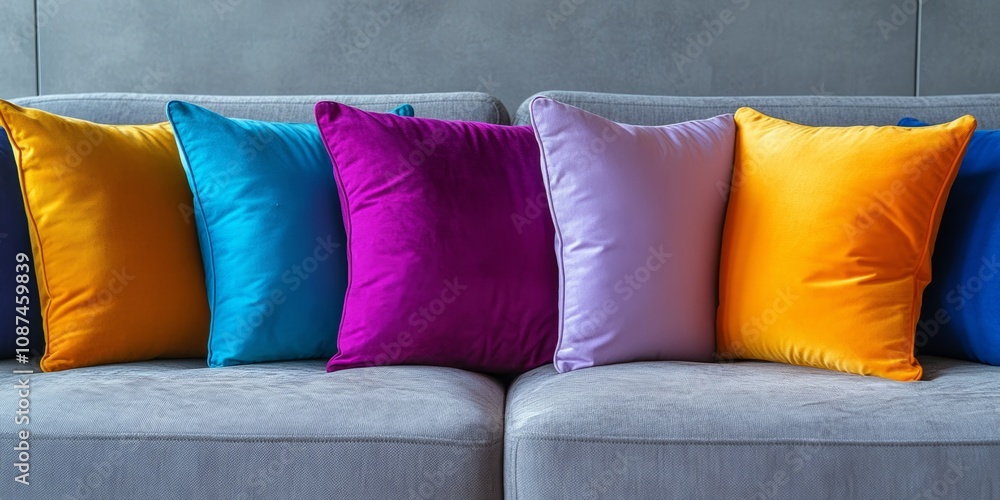 Poster vibrant cushions adding a pop of color to a comfortable grey sofa, creating a stylish and inviting l