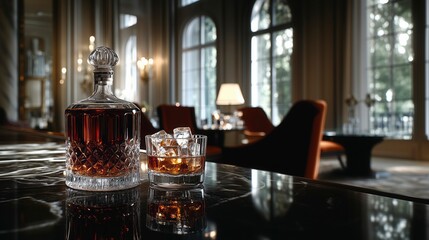Elegant whiskey decanter and glass in a luxurious lounge during evening, whisky advertisement with copy space, glass of whisky advertising image, spirit drink advert