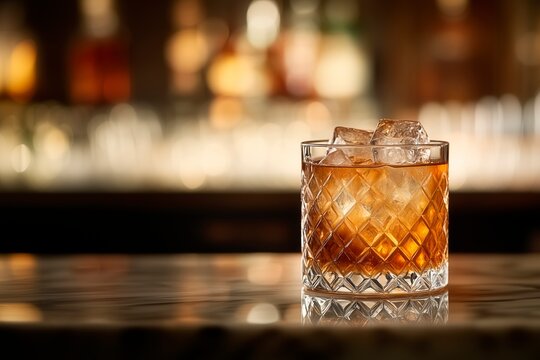 Glass of whiskey with ice on marble countertop in bar setting, whisky advertisement with copy space, glass of whisky advertising image, spirit drink advert