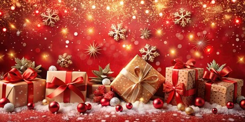 Festive Christmas Presents Adorned with Red Ribbons and Glittering Snowflakes on a Red Background with Sparkles and Bokeh Lights