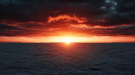 Dramatic Sunset Over a Tranquil Ocean Surface with Dark Clouds and Warm Colors Creating a Vivid Contrast for Serene Landscapes