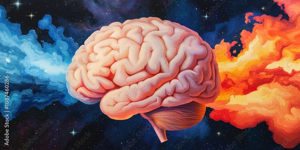 Poster a colorful artistic representation of a brain surrounded by cosmic elements, symbolizing creativity 
