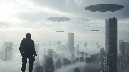 Fototapeta premium Brave Soldier Facing Alien Invasion with Determination - Cityscape Sci-Fi Scene with Cinematic Lighting